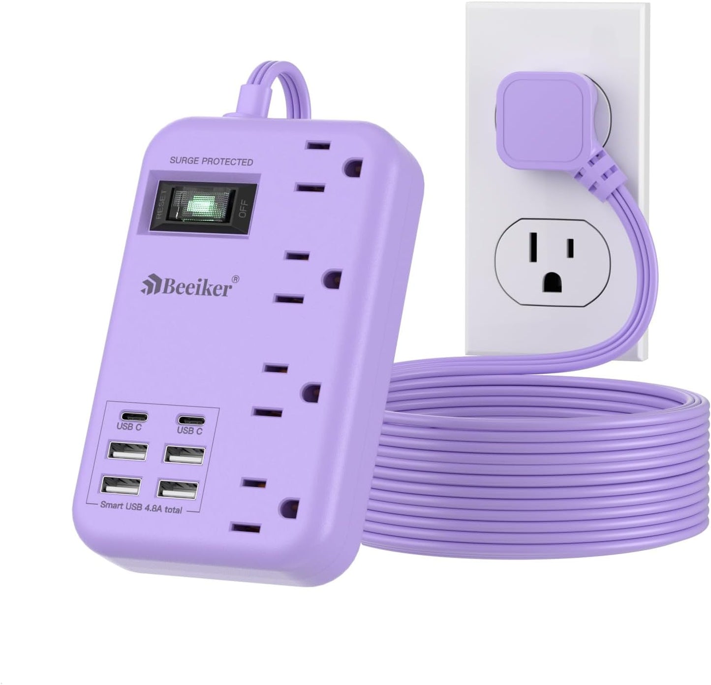 Beeiker 6 USB(2 10 24W 4 USB C) Purple Surge Protector Power Strip- Ft Purple Extension Cord with USB Charging Station