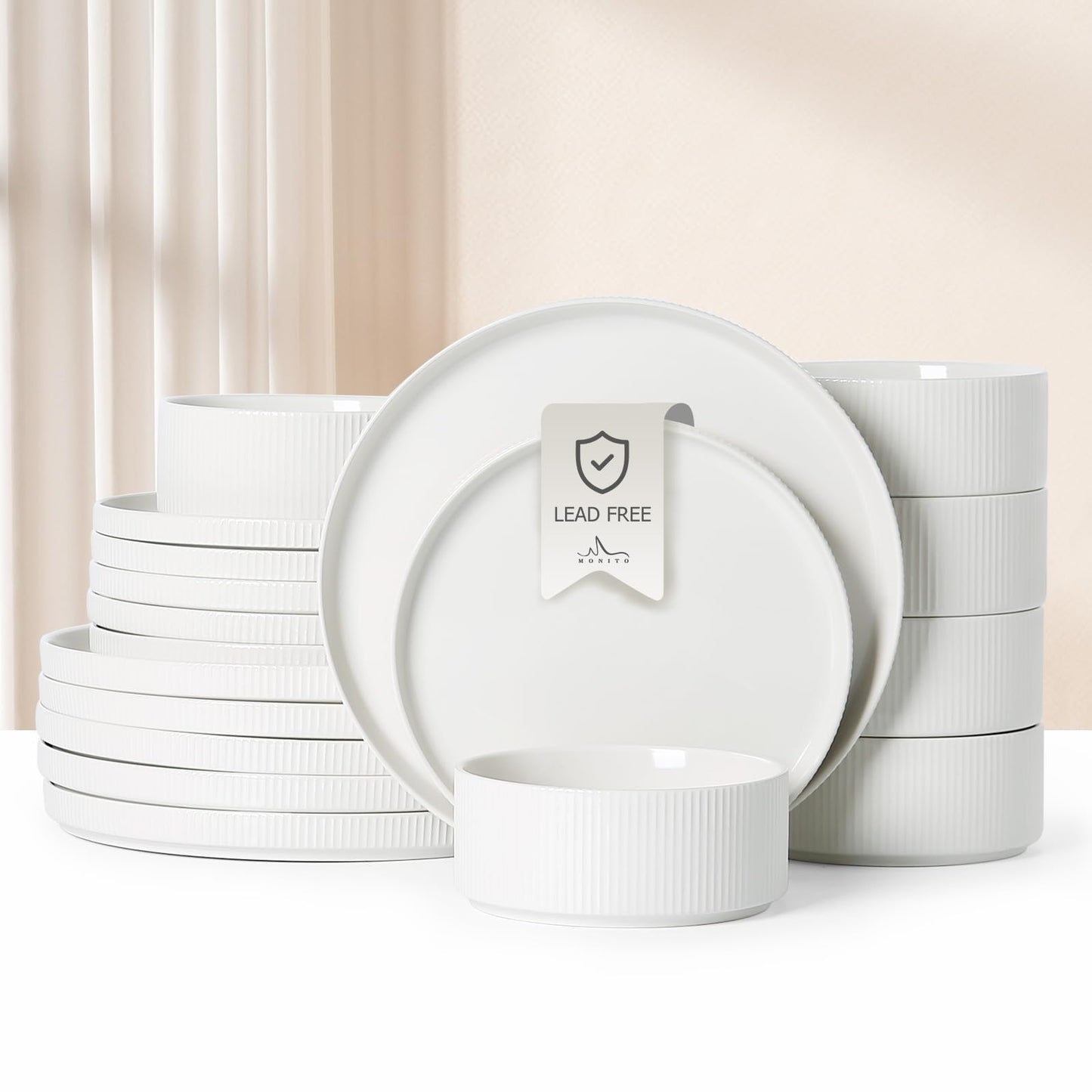 MONITO Ceramic Plates and Bowls Sets for 4, 12PCS Stoneware Dinnerware Sets, Reactive Glaze Dish Set, Chip and Scratch Resistant Double, Microwave and Dishwasher Safe,White