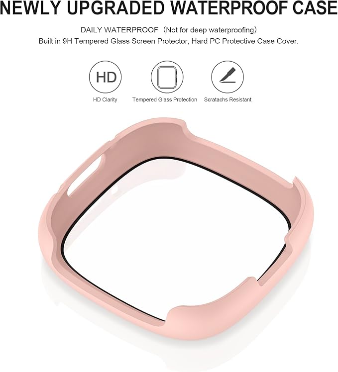 Vancle Case for Fitbit Versa 4 / Fitbit Sense 2, 4-Pack Screen Protector Tempered Glass Full Around Hard PC Case with Sensitive Touch Film Protective for Fitbit Sense 2 / Versa 4(Transparent + Starlight + Pink + Rose Gold)