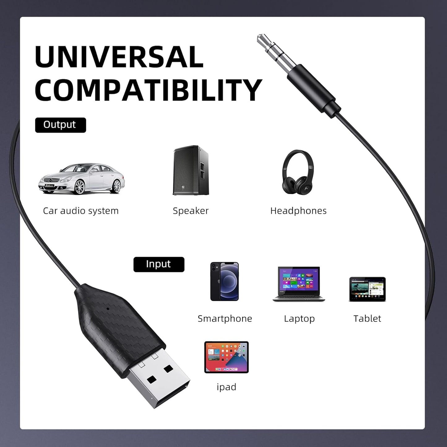 Smof 5.2 3.5mm Aux to Bluetooth Adapter Bluetooth Receiver with Built-in Microphone Aux Input for Music Streaming