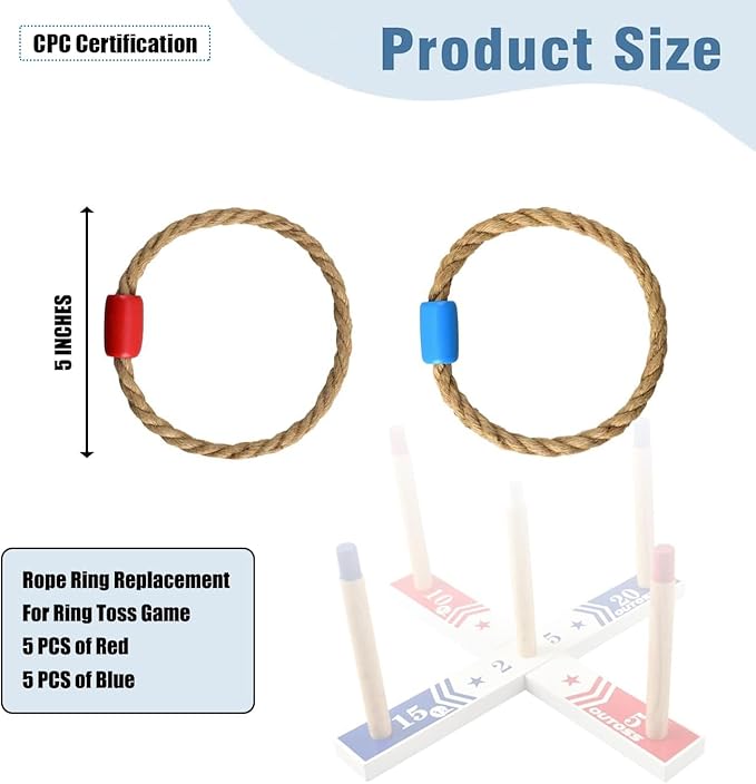 OUTOSS-Rope Toss Ring Replacement Parts (Size-5") for Adults and Kids,Durable Jute Rope Ring Toss Rings for Backyard Ring Toss Game,Outdoor Party Games(Hemp Rope Rings-10Packs)
