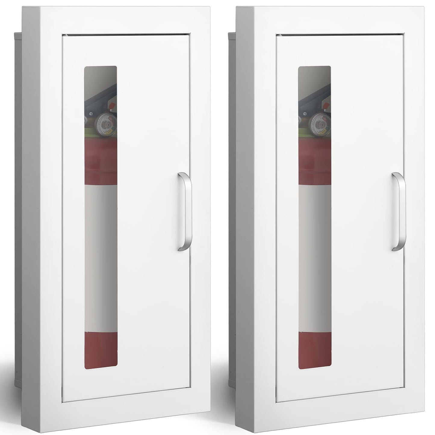 Zonon 2 Pcs Semi Recessed Fire Extinguisher Cabinet Industrial Architectural Wall Cabinet, Door with Handle Version for 10 Pound Dry Chemical Fire Extinguisher White