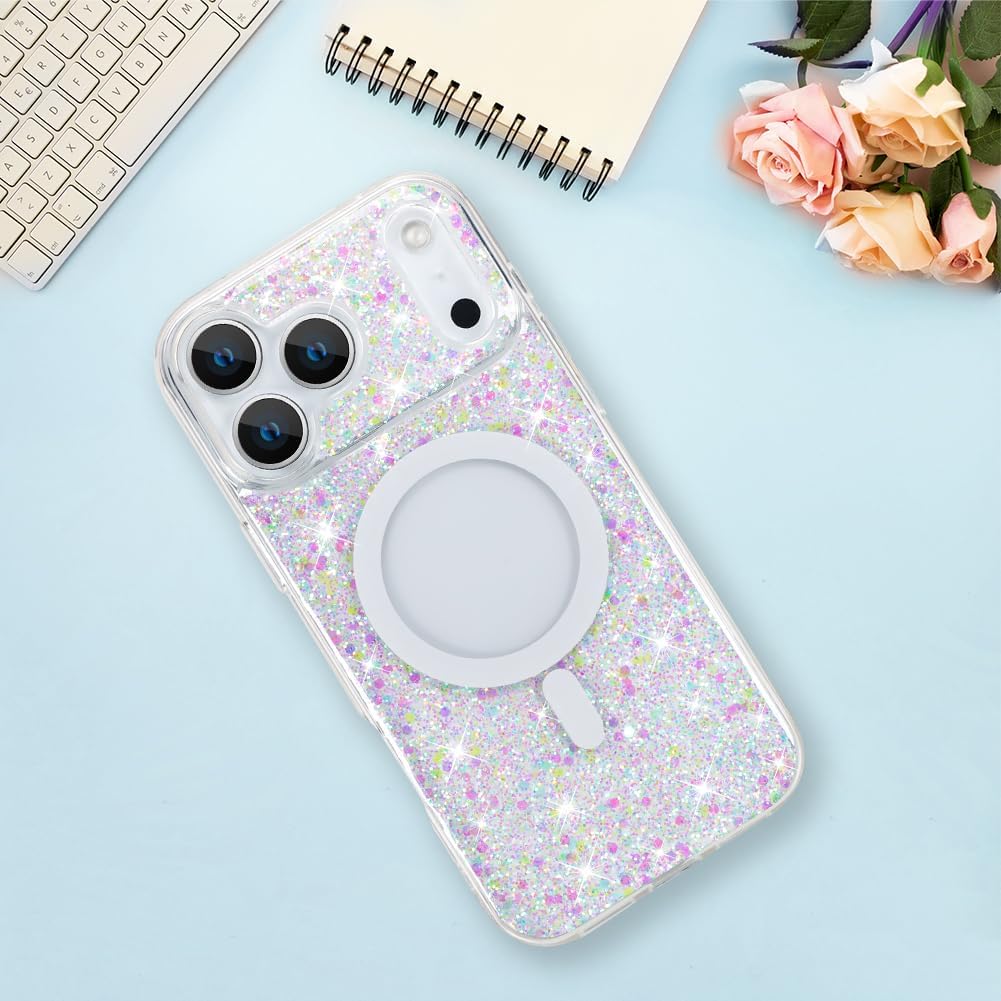 Bonoma 17 2025 for iPhone Pro Max Case Sparkly Glitter Bling Back, Magnetic Support for MagSafe Shockproof, Crystal