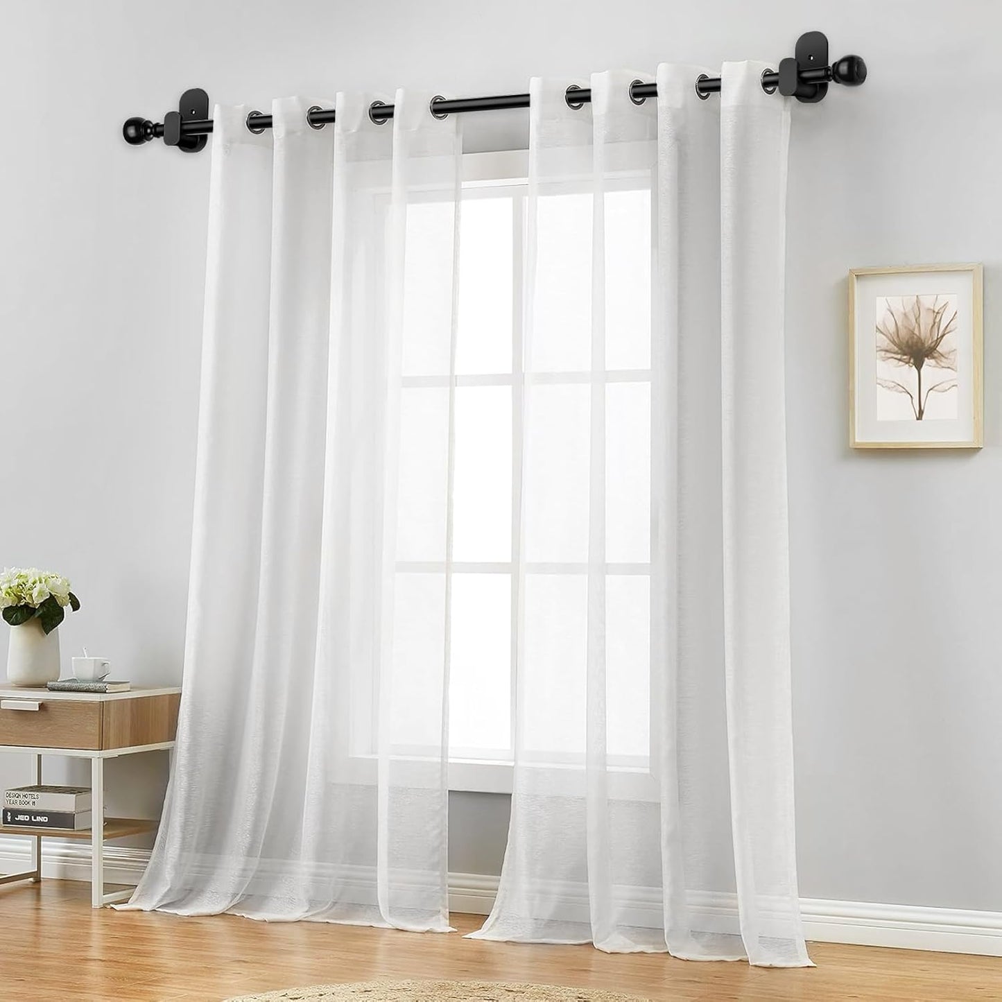 USFOOK No Drill Curtain Rods - 48 to 84 Inches | 5/8 Inch Adhesive Drapery Rod with Round Finials