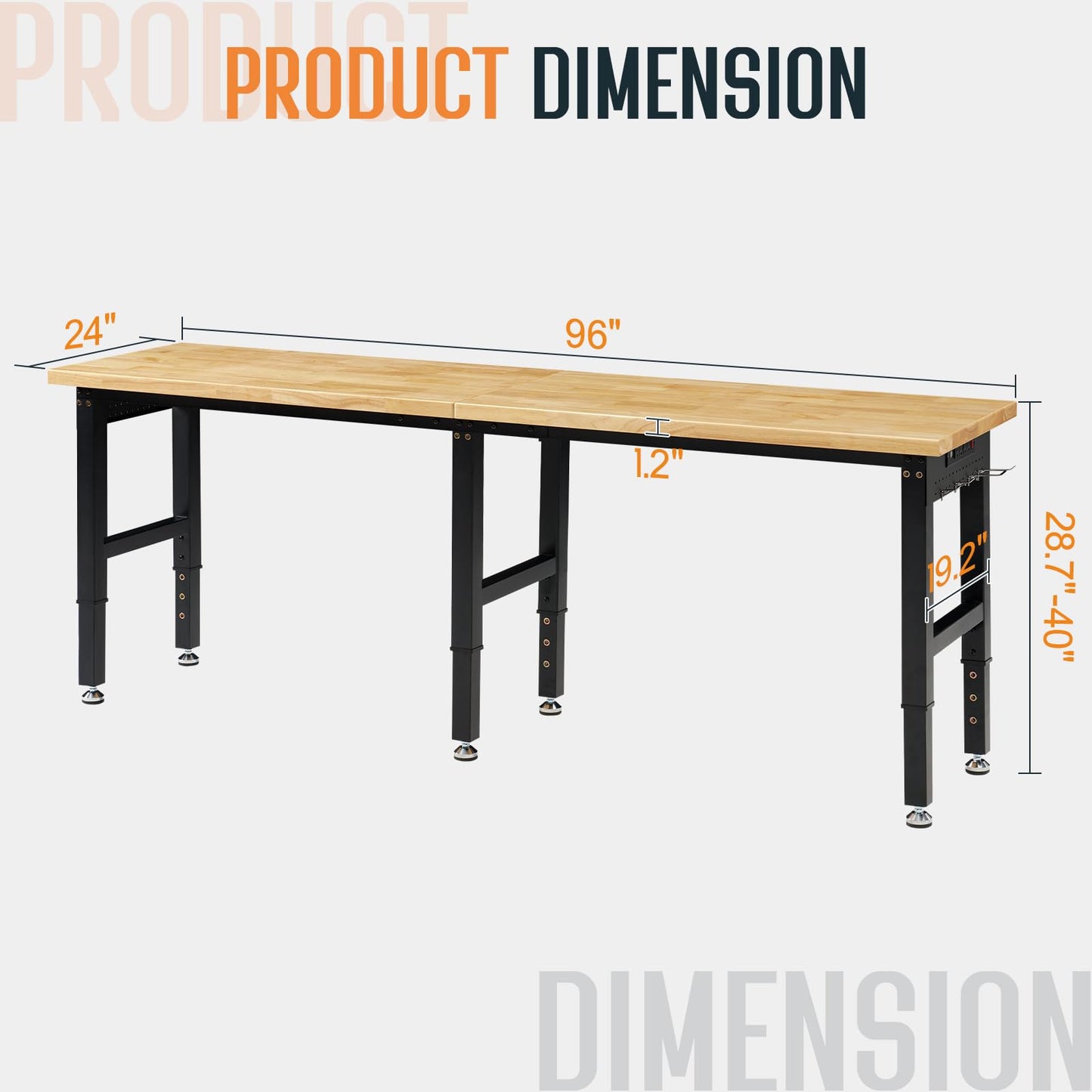SPECRAFT 96" Adjustable Heavy Duty Workbench with 4 AC Outlet and 2 USB Ports Power Outlets, 6000 Lbs Capacity, Rubber Wood Top for Garage, Workshop, Office