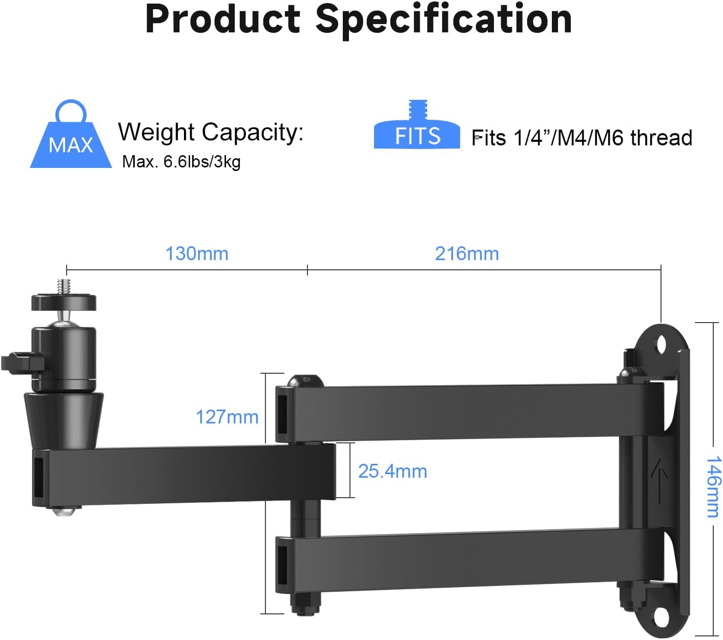 suptek 1/4", M4 M6 MA1330YT Universal Foldable Projector Wall Mount - Adjustable Bracket for Projectors, Compatible