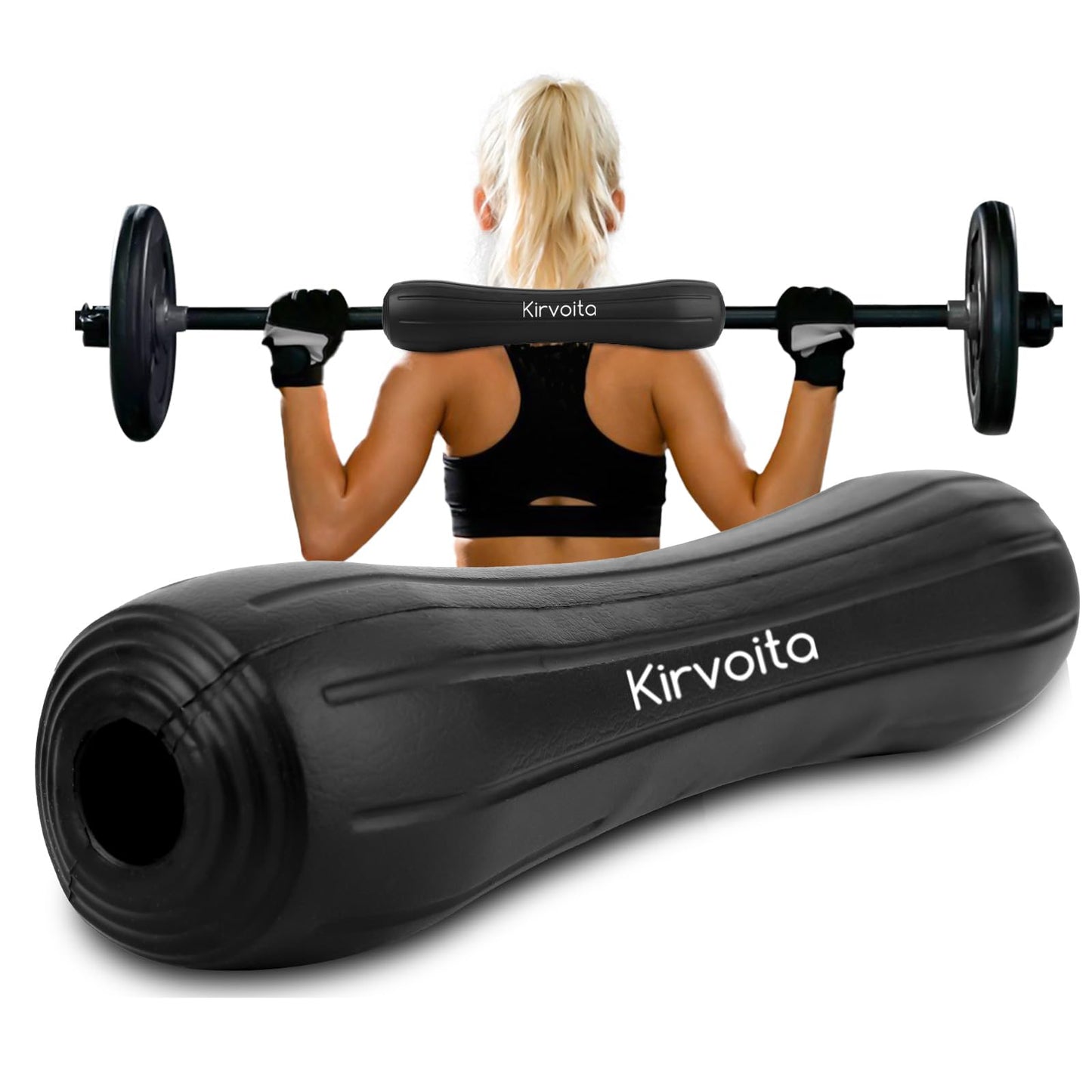 Kirvoita Rubber Barbell Pad, Squat Pad, Hip Thrust Pad, Easy to Install, No Velcro/Straps Needed, for Both Heavy Weights & Lower Weights (15.5 * 3.5 * 3.5 in, Black)