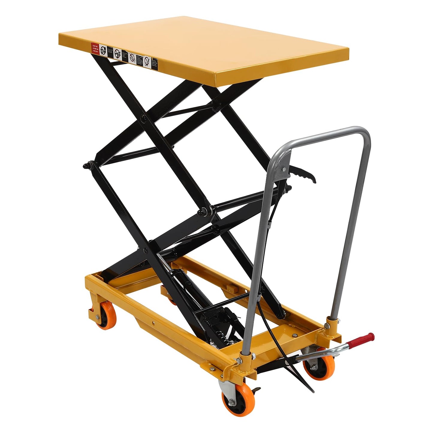 Hydraulic Lift Table Car, 45" Lifting Height, Manual Double Scissor Lift Tablewith 4 Wheels and Safety Back Guard,Hydraulic Scissor Cart for Material Handling and Transportation