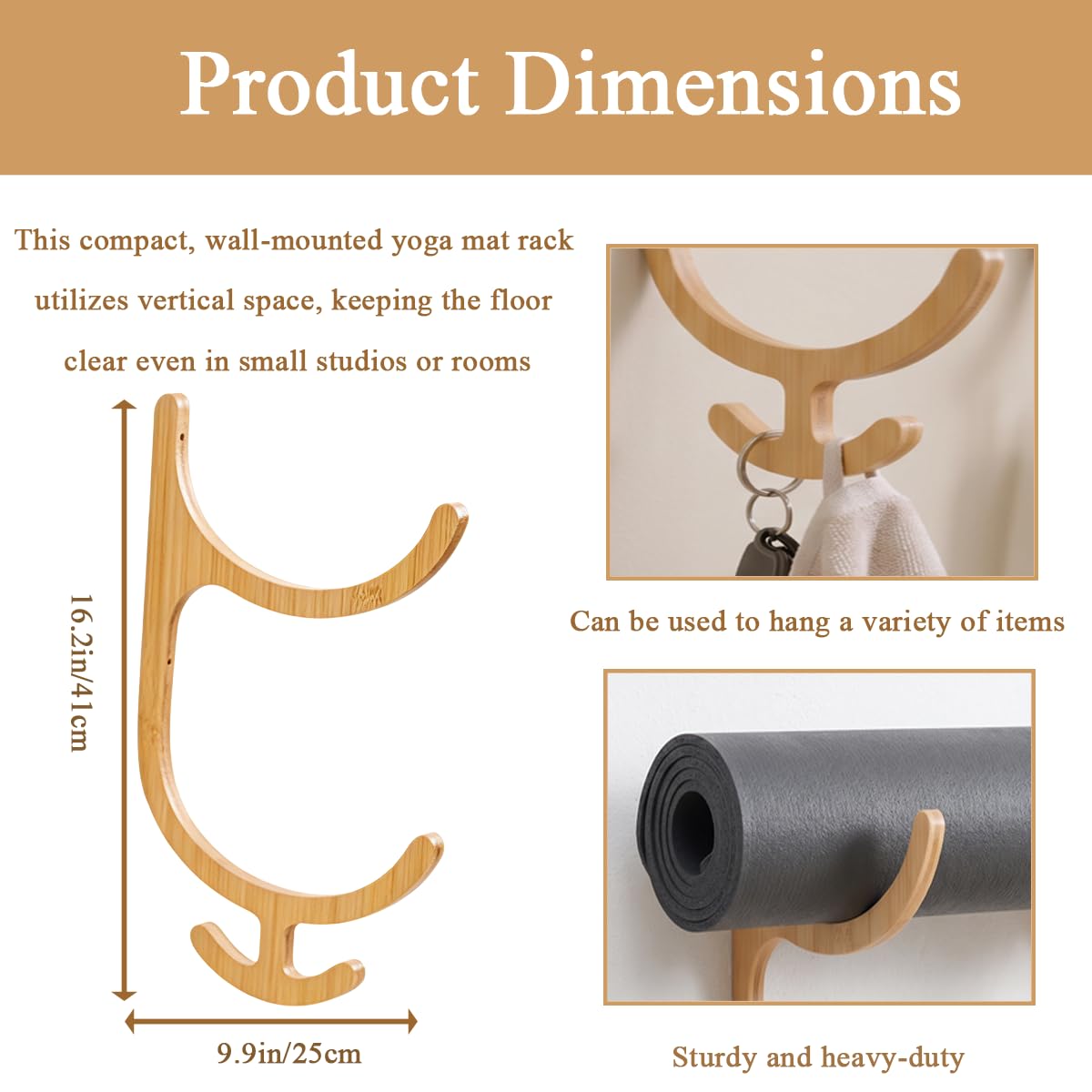 Cococheers Wooden Yoga Mat Holder Wall Mount with Hooks, Yoga Mat Rack for Mats, Resistance Bands, Jump Ropes, Space Saving Storage for Home Gym, Studio, Apartment, Wood Grain, 16.2x9.9 Inches