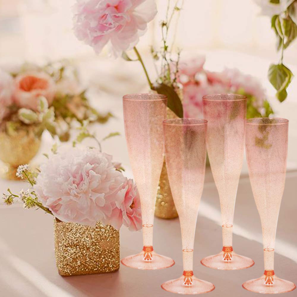 Homy Feel Rose Gold Glitter Plastic Champagne Flutes 30 Pack, 6.5 OZ Disposable Plastic Wine Glasses, Reusable Champagne Glasses, Mimosa Bar Glasses for Bridal Shower Birthday New Year Christmas