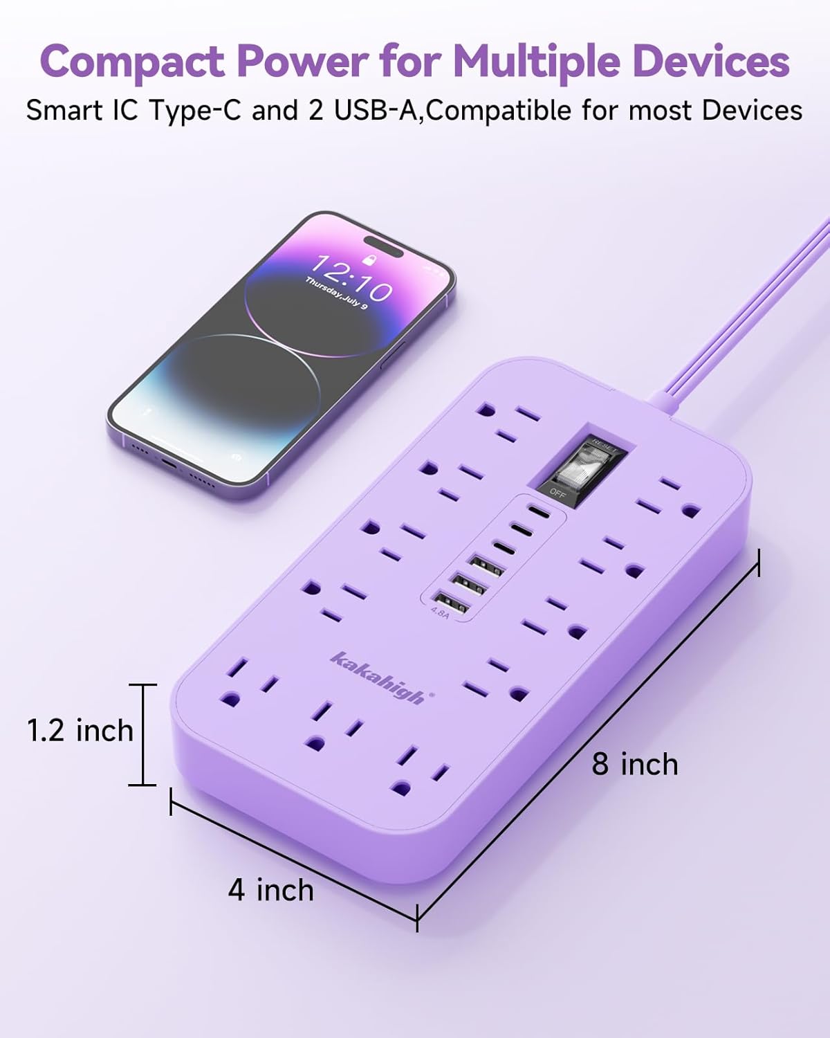 kakahigh 5 11 6 (24W/4.8A), Purple Extension Cord with Multiple Outlets- FT Lavender Power Strip, Girls Extension Cord