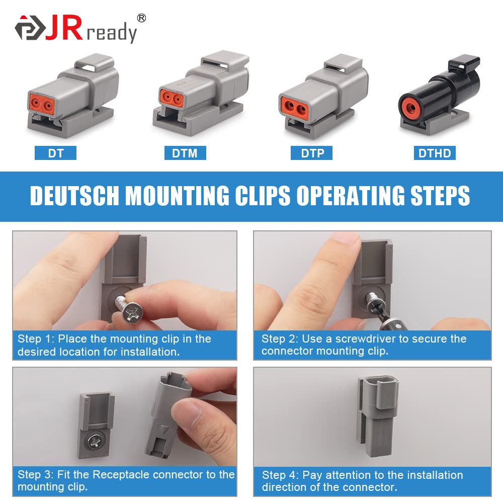 JRready Deutsch Connector 2 Pin Connector Kits with Size 16 Solid Contacts(14-20AWG), ST6328-2 DT Series Waterproof Connector 2 Pin 5 Sets and Deutsch Pin Removal Tool DRK-RT1B with Mounting Clips