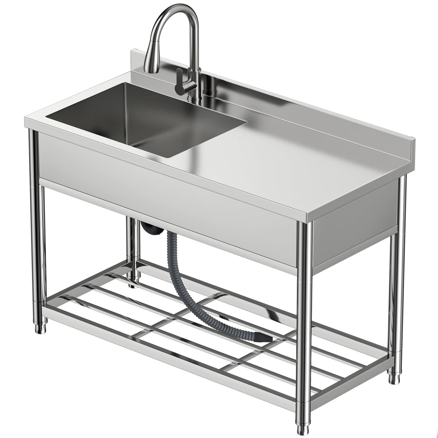 GGW Commercial Sink with Drainboard, Stainless Steel Utility Sink with Pull-out Faucet, Free Standing Single Bowl Kitchen Sink with Workbench for Restaurant, Garage, Outoor, 21.7"D x 47.2"W x 37"H