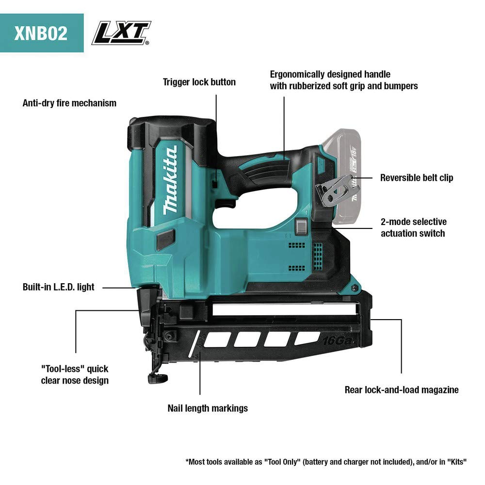 Makita XNB02Z 18V LXT Straight Finish Nailer, 16 Gauge, 2-1/2"
