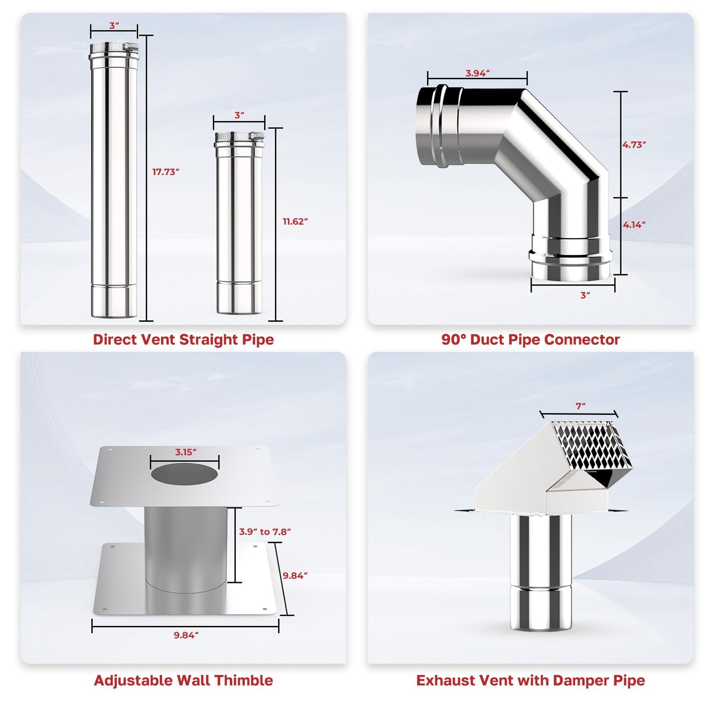 Thermomate 3" Vent Pipe Kit, Universal 3 Inch Stainless Steel Horizontal Vent Kit for Most Gas Tankless Water Heaters, Includes Termination Hood, 90° Elbow, Vent Pipes, Wall Thimble