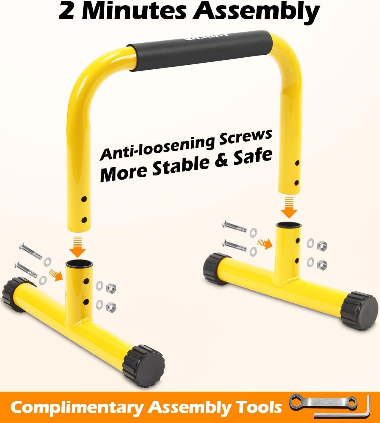 TABEKE Push Up Bar, 14'' High Steel Parallettes & Dip Bar with Full Coverage Foam Handle, Heavy-Duty Calisthenics Parallel Bars for L-Sit, Dips, Home Gym Strength Training Workout (Yellow)