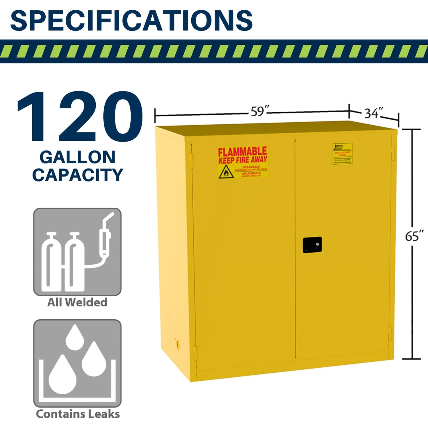 Jamco 120 Gallon Flammable Safety Cabinet, Steel Flammable Storage Cabinet with Lockable Manual Closing Doors, Non Forkliftable, 59" x 34" x 65", Yellow