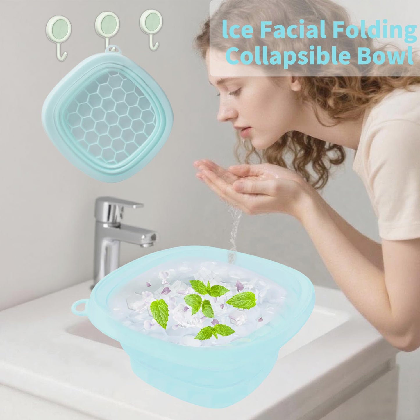 EBIGIC Face Bowl for Ice with Built-in IceTray,Collapsible Silicone Face Ice Bowl – Cold Plunge Therapy for Skin Tightening & Facial Treatment– Portable Spa Tool for Home & Travel（Blue)