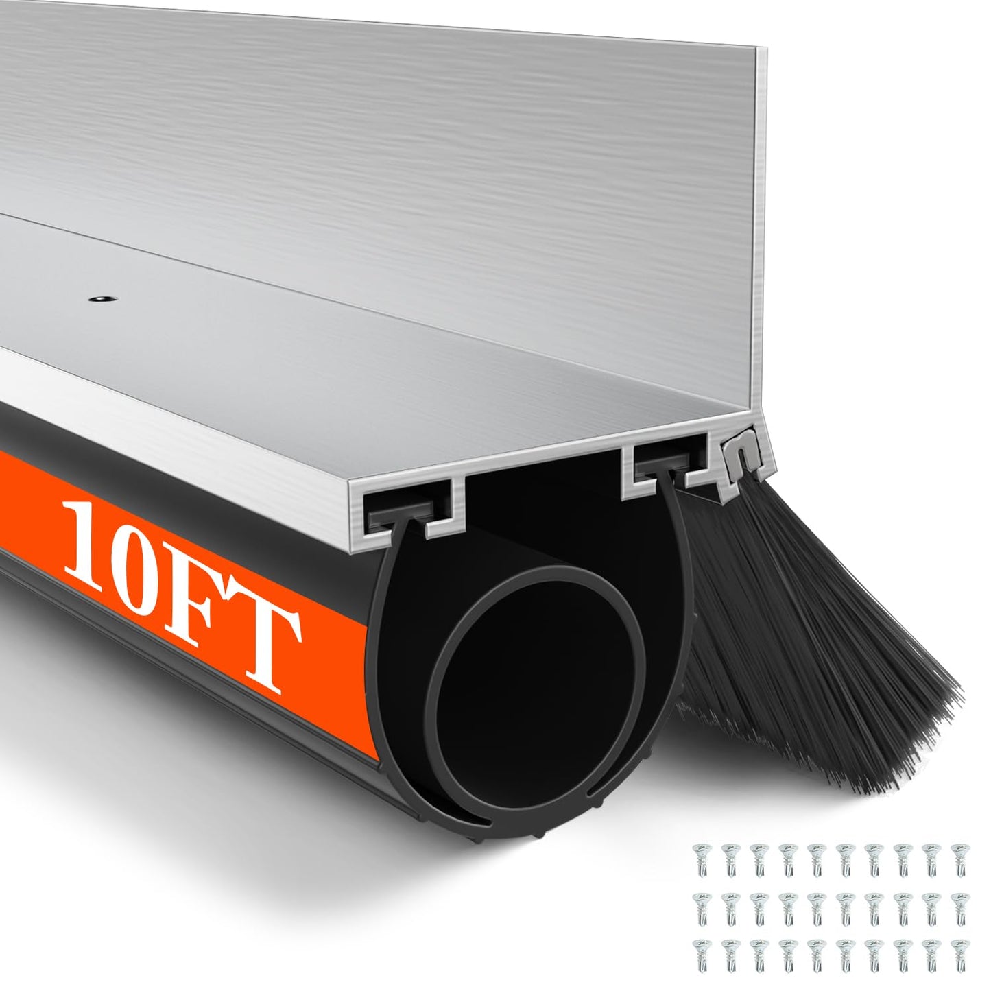 ‌POWLAB Universal Garage Door Seals Kit -10FT EPDM U+O Bottom Rubber Weatherproof Seal & Brush, Pre-Drilled Aluminum Track Retainer Base Kit for Steel/Wooden Doors, Noise Reducing