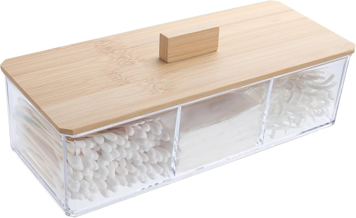 Wood Qtip Holder - 3 Compartment Cotton Ball & Swab Organizer with Lid | Clear Acrylic Makeup Storage