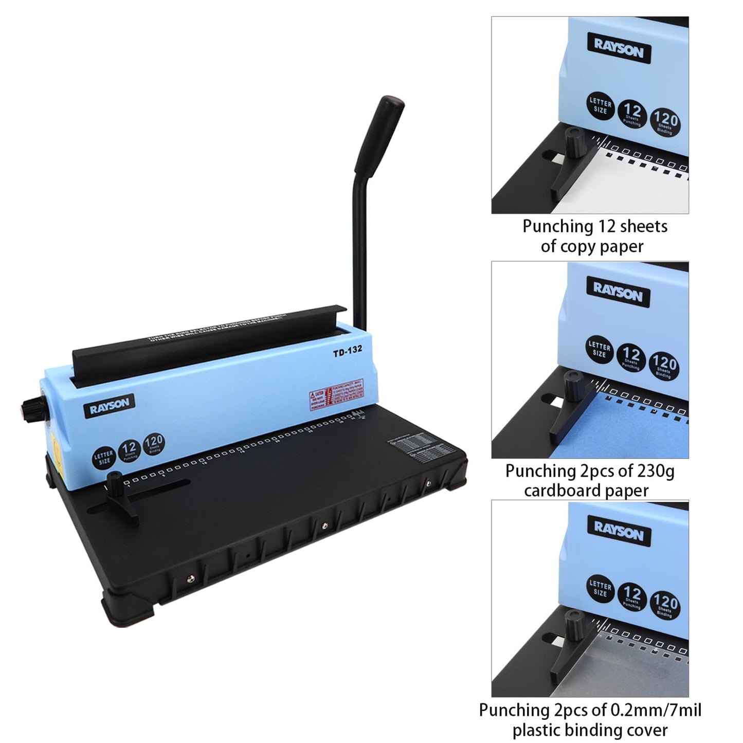 Rayson TD-132 Wire Binding Machine, 32-Hole Spiral Coil Binder, 3:1 Pitch, Punches 12 Sheets, Binds up to 120 Sheets, Sturdy Metal Construction