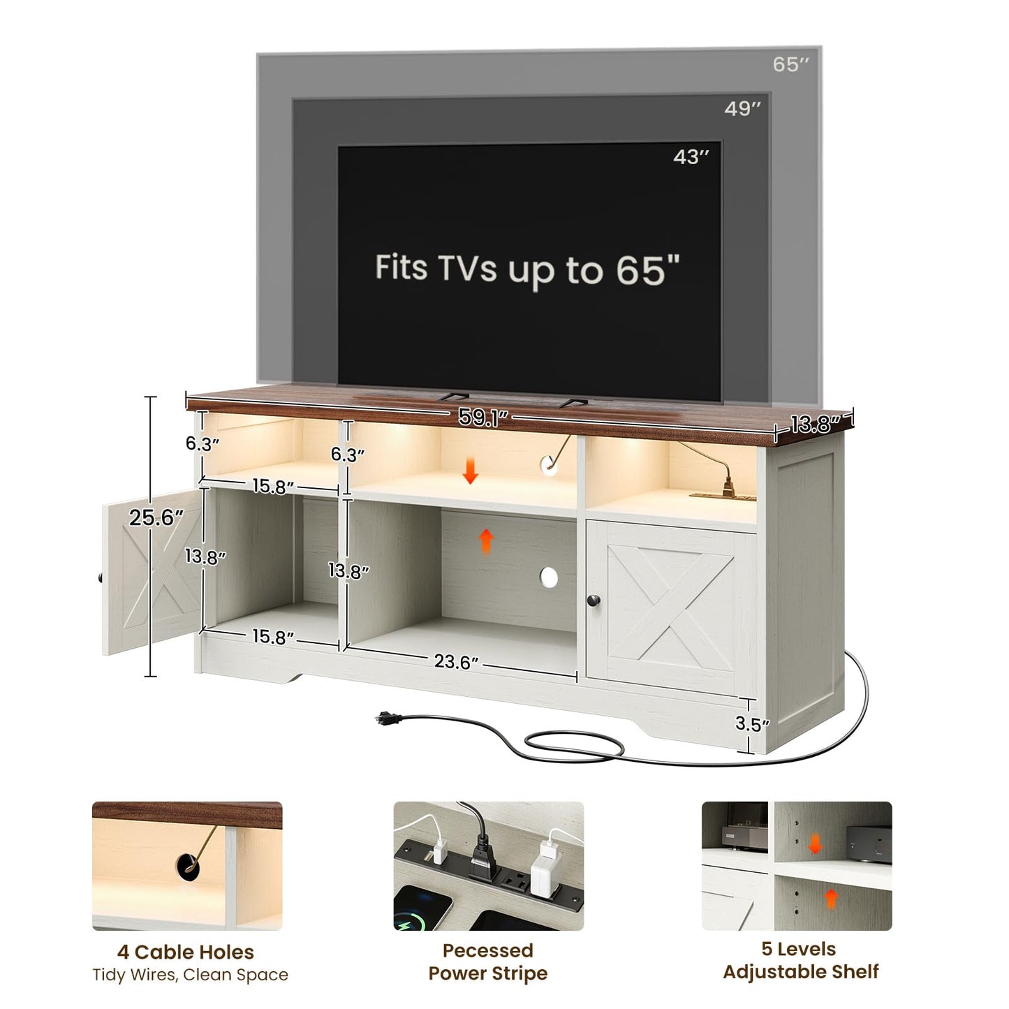 Casaottima TV Stand for 65 Inch TV, Farmhouse Entertainment Center with Power Outlet & LED Light and Storage Cabinets, Console Table and Media Furniture for Living Room Bedroom, White