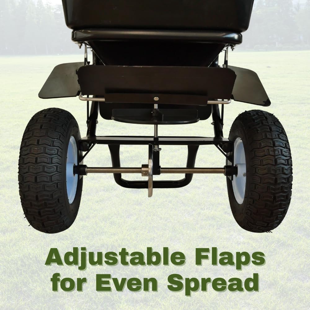 Discount SNOWSTAKES - Lawn Fertilizer & Seed Spreader, 100 LBS Capacity, with Included Grate, Cover & 13 in All Terrain Pneumatic Tires, Ideal for Turf & Lawn Care, Winter Walk Behind Salt Spreader
