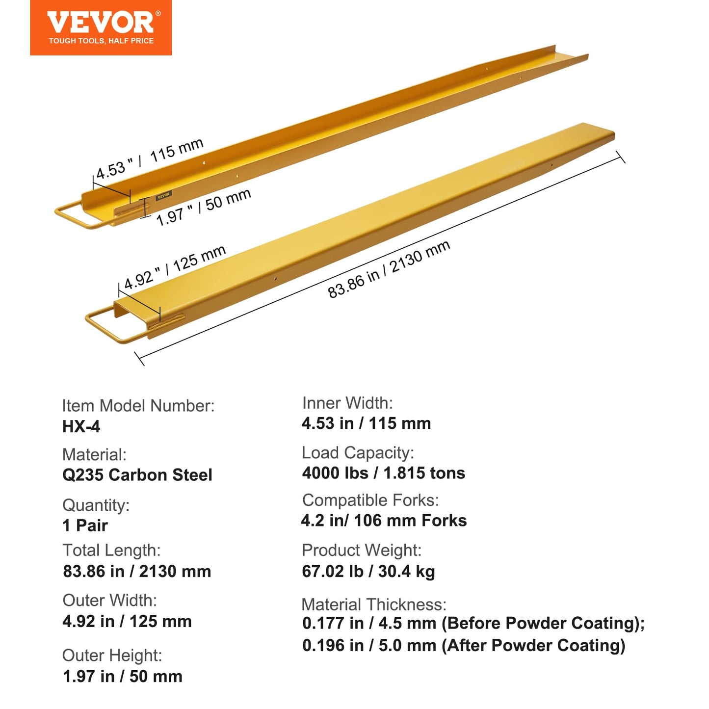 VEVOR Forklift Extensions, 84 Inch Fork Extensions 4.5 Inch Width, Heavy Duty Fork Extensions for Forklifts, 1 Pair Forklift Extensions for Truck
