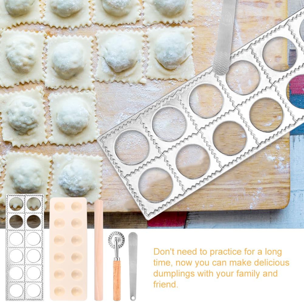 Ravioli Press Mold Set, 12 Holes Ravioli Maker Press,1 x Pasta Cutter Stamp Maker, 1xWood Rolling Pin Pasta Making Tools,1x Filling Spoon,for Ravioli, Dumpling,Hand Pie
