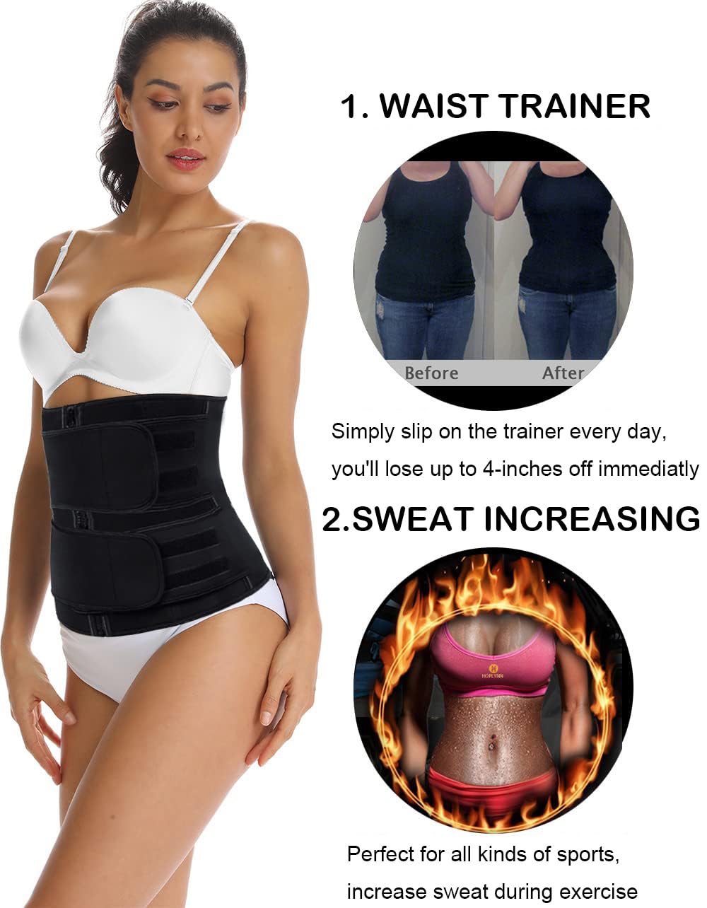 HOPLYNN Sweat Waist Trainer for Women Two Belts, Neoprene Workout Corset Waist Trainer Cincher Trimmer Shaper Zipper Black XX-Large