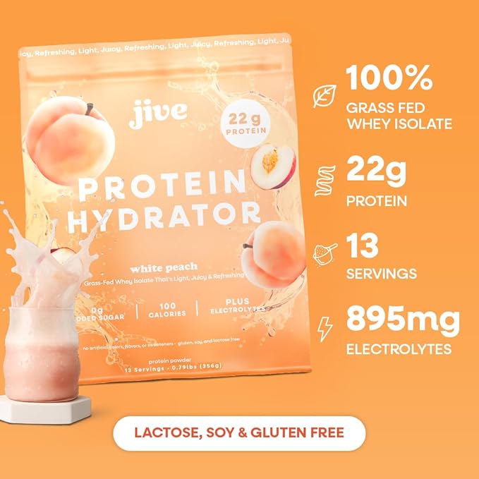 Jive Clear Protein Powder - 22g Grass-Fed Whey Isolate, 13 Servings - White Peach - 895mg of Electrolytes - Zero Added Sugar - Clear Drink Protein Water & Juice