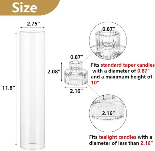 Hurricane | Taper Candle Holders - Set of 6 Clear Glass Candlesticks, 11.8" Tall for Elegant Decor