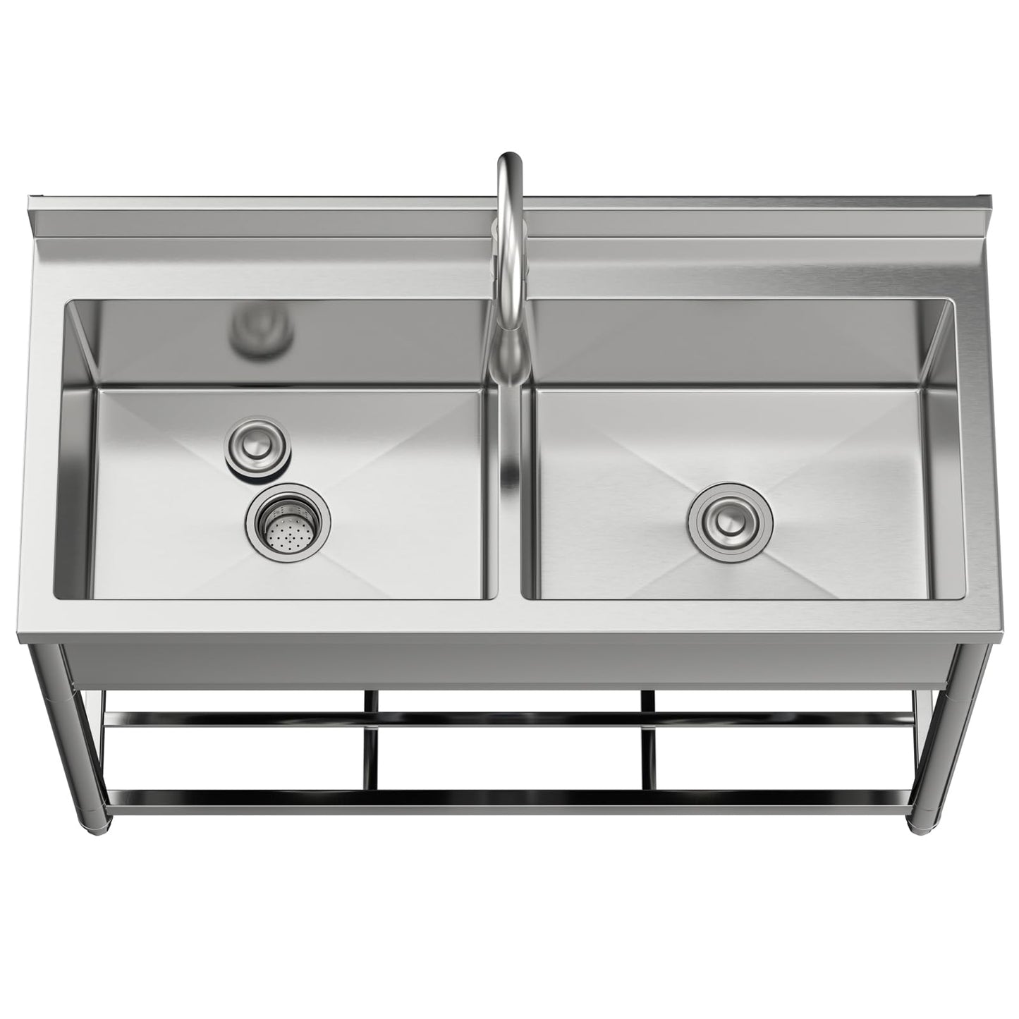 GGW 2-Compartment Commercial Sink, Stainless Steel Utility Sink with Pull-out Faucet, Free Standing Double Bowl Kitchen Sink for Restaurant, Garage, Shop, Cafe, Outoor, 21.7"D x 47.2"W x 37"H