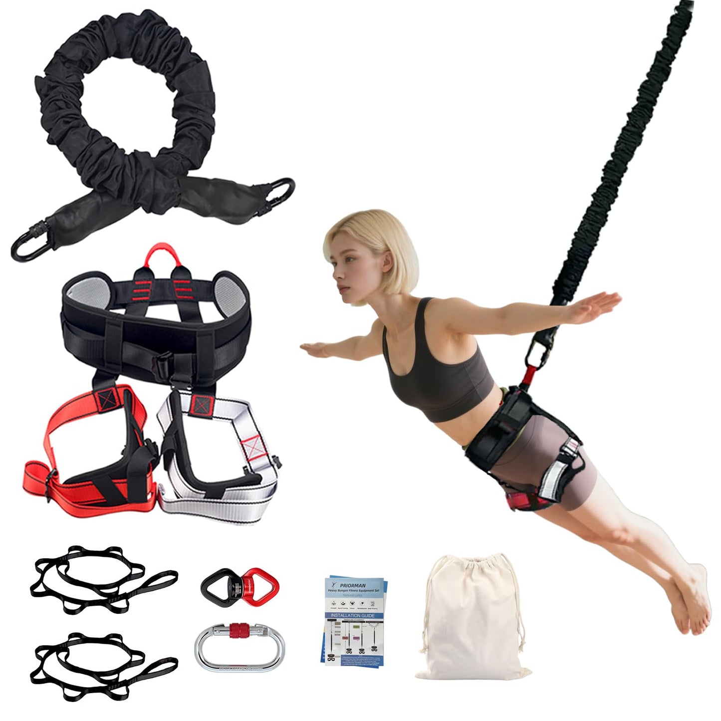 PRIORMAN Professional Bungee Dance Fitness Kit, 6 Sizes, CE Certified Complete Harness Set with Resistance Band & Hanging Hardware for Suspension Training Home & Studio(S)