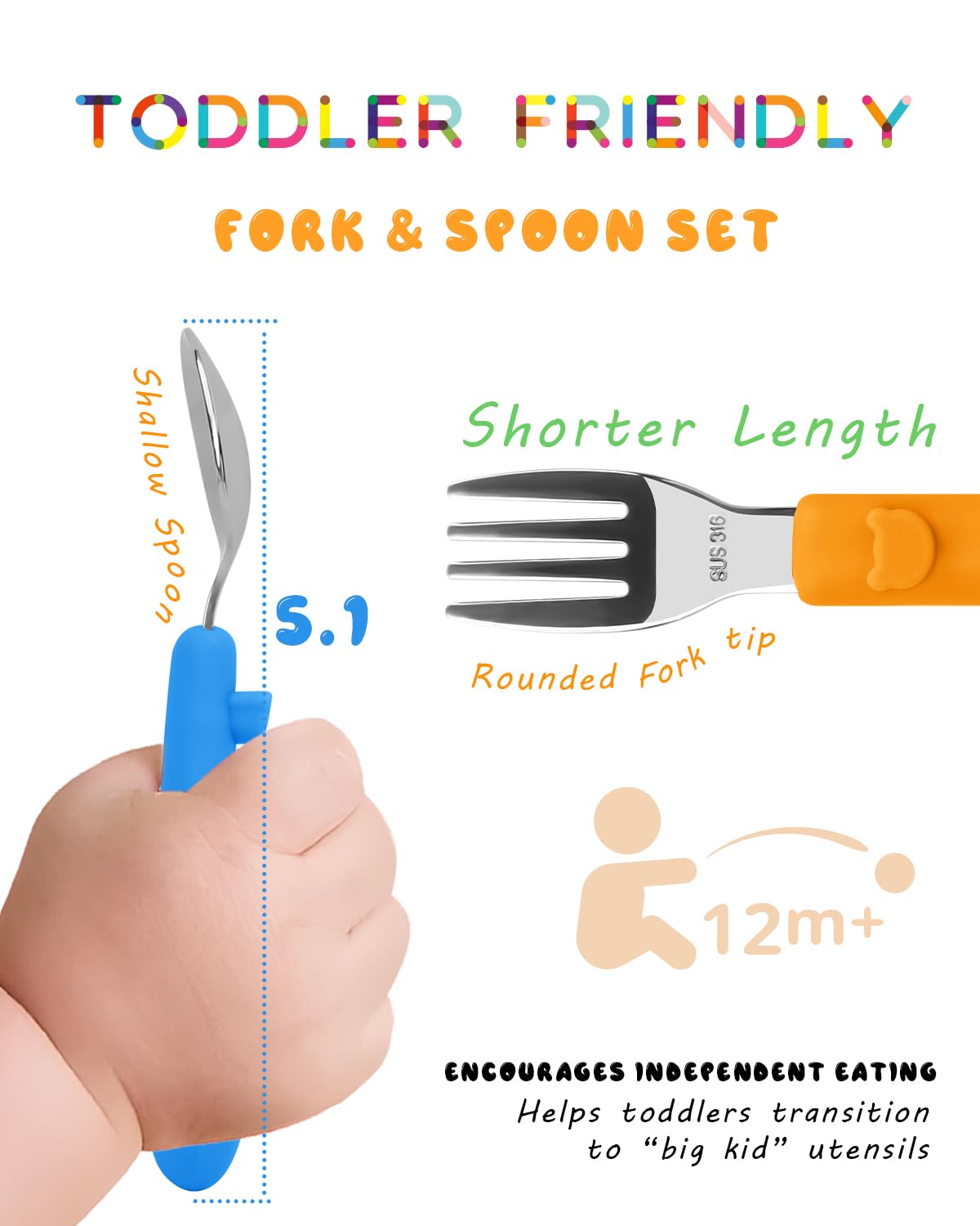 Bakpoco 6PCS Toddler Utensils, 316 Stainless Steel Baby Safe Forks + Spoons with Silicone Handle, BPA Free Dishwasher Safe Kids Silverware Cutlery with Box, Bright Orange/Blue/Green