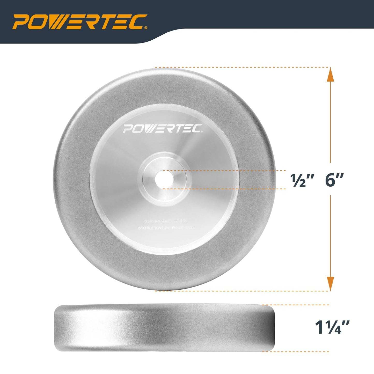 POWERTEC CBN Grinding Wheel 6 Inch 320 Grit, 1-1/4" Wide, 1/2" Arbor – 4-in-1 CBN Sharpening Wheel with 1/4" Radius Edge and Side Face for Bench Grinder (15708)