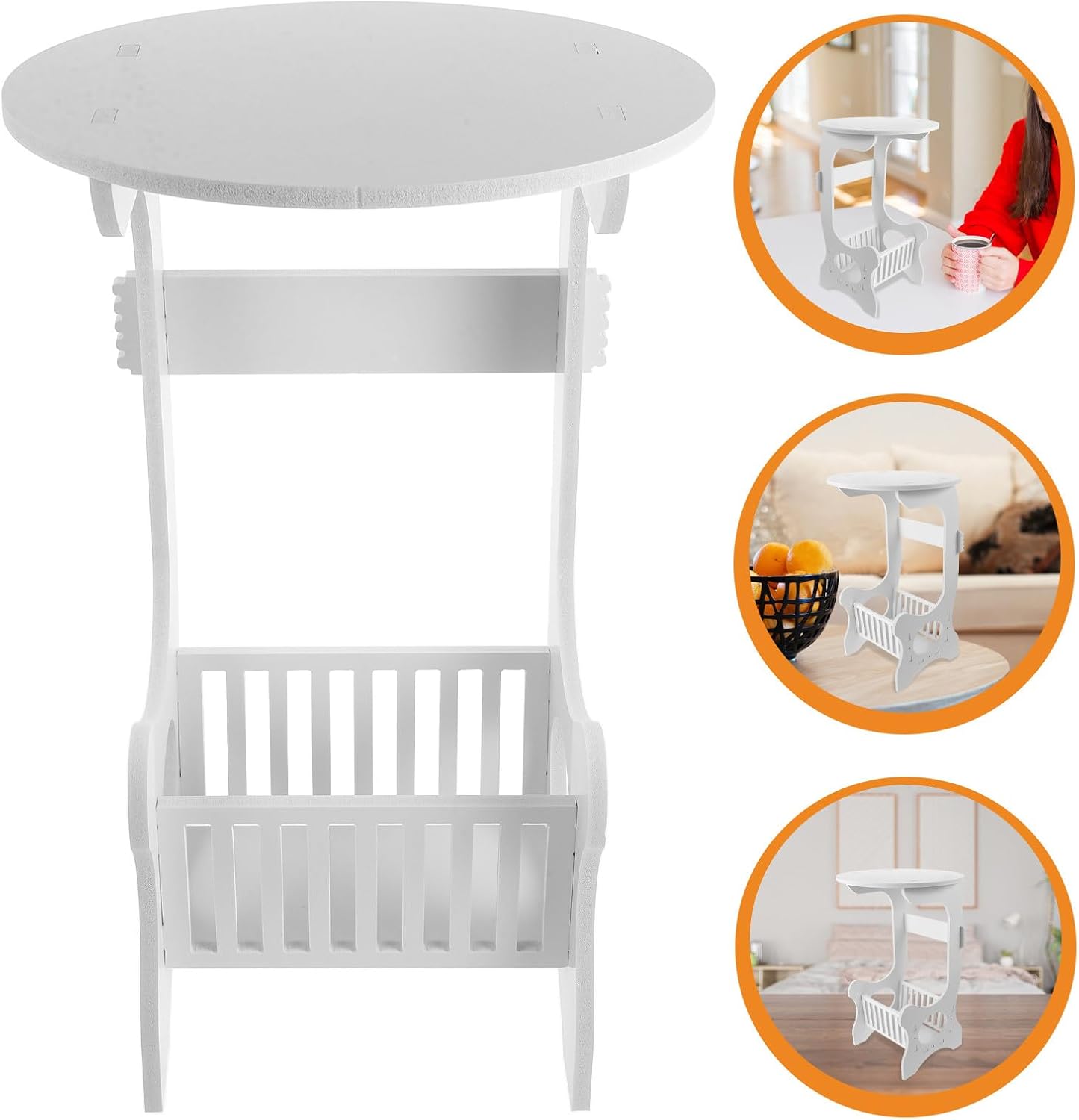 Angoily Small Round Side Table White Plastic Wood Nightstand for Bedroom Living Room Balcony with Storage and Hollow