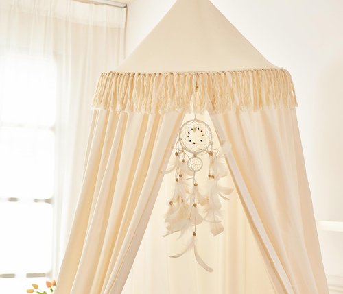 Mengersi Kids Bed Canopy with Tassel,Bed Canopy for Girls Boys Room Tent,Baby Crib Hanging Curtain-Bedroom Privacy Space Sleeping Tents Gifts,Ivory