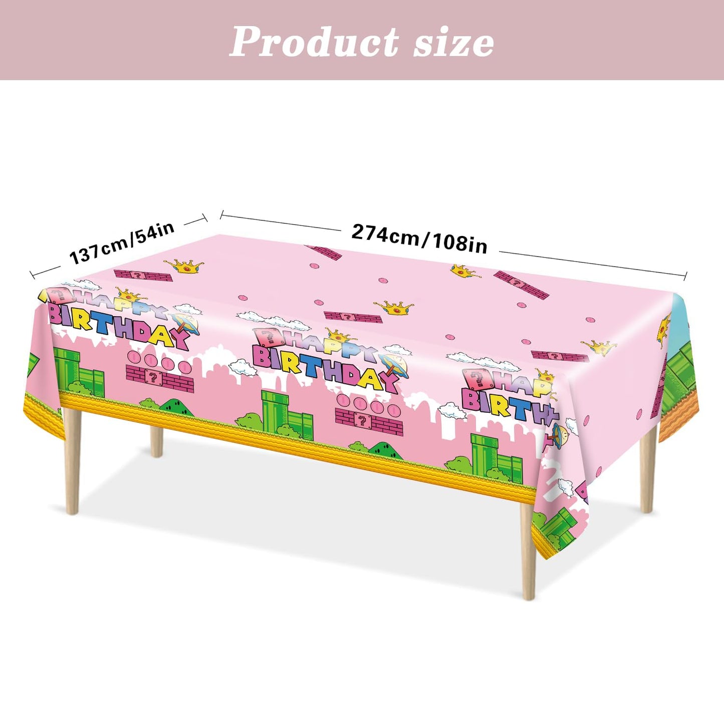 USERTEN 2Pcs Super Brothers Adventure Party Tablecloths 108 x 54 inches Video Game Theme Plastic Table Cloth Fits for Princess Peach Girl Birthday Party Decoration Pink Disposable Tablecover Supplies