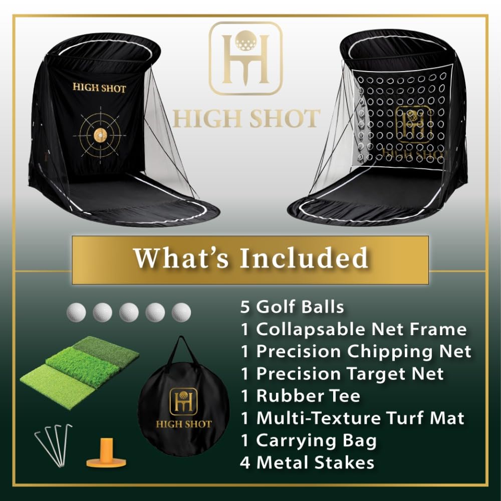 High Shot Golf Practice Net with Ball Return and Two Interchangeable Target Nets - 7.5 ft x 6 ft x 9.5 ft Heavy Duty Dual Golf Hitting Net System with Canopy for Indoor and Outdoor Use