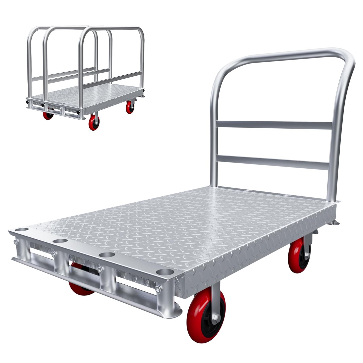 2IN1 Steel Panel Cart Dolly – Large Heavy Duty Drywall Lumber Truck Cart with 2700 LBS Capacity, 40 x 24 Inch 2.2MM Steel Plate, 6.3" Swivel Brake Wheels, 1 Front & 3 Side Handrails