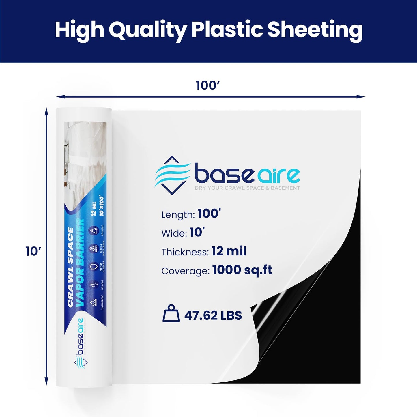 BaseAire Crawl Space Vapor Barrier, 12mil Film, 10'x100', Vapor Barrier Plastic for Basement, Crawlspace Encapsulation, Thick Plastic Sheeting, Black and White Panda Film