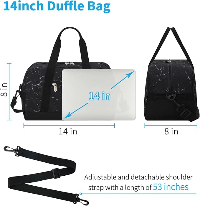 Small Gym Bag 14 inch lightweight Carry On Mini Duffel Bag for Travel Sport - Marble Black