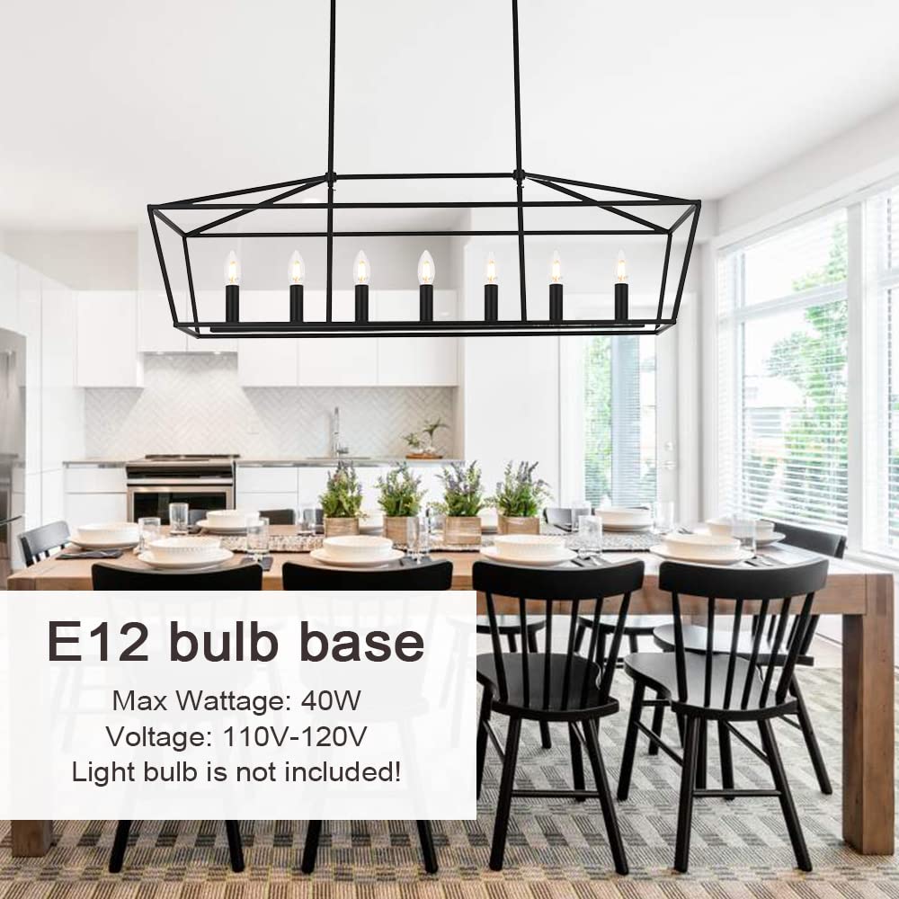 MELUCEE 7-Light Dining Room Light Fixtures Over Table, Farmhouse Chandelier Light Fixture Black Industrial Linear Pendant Lights Kitchen Island Candle Lantern Chandelier, E12 Base
