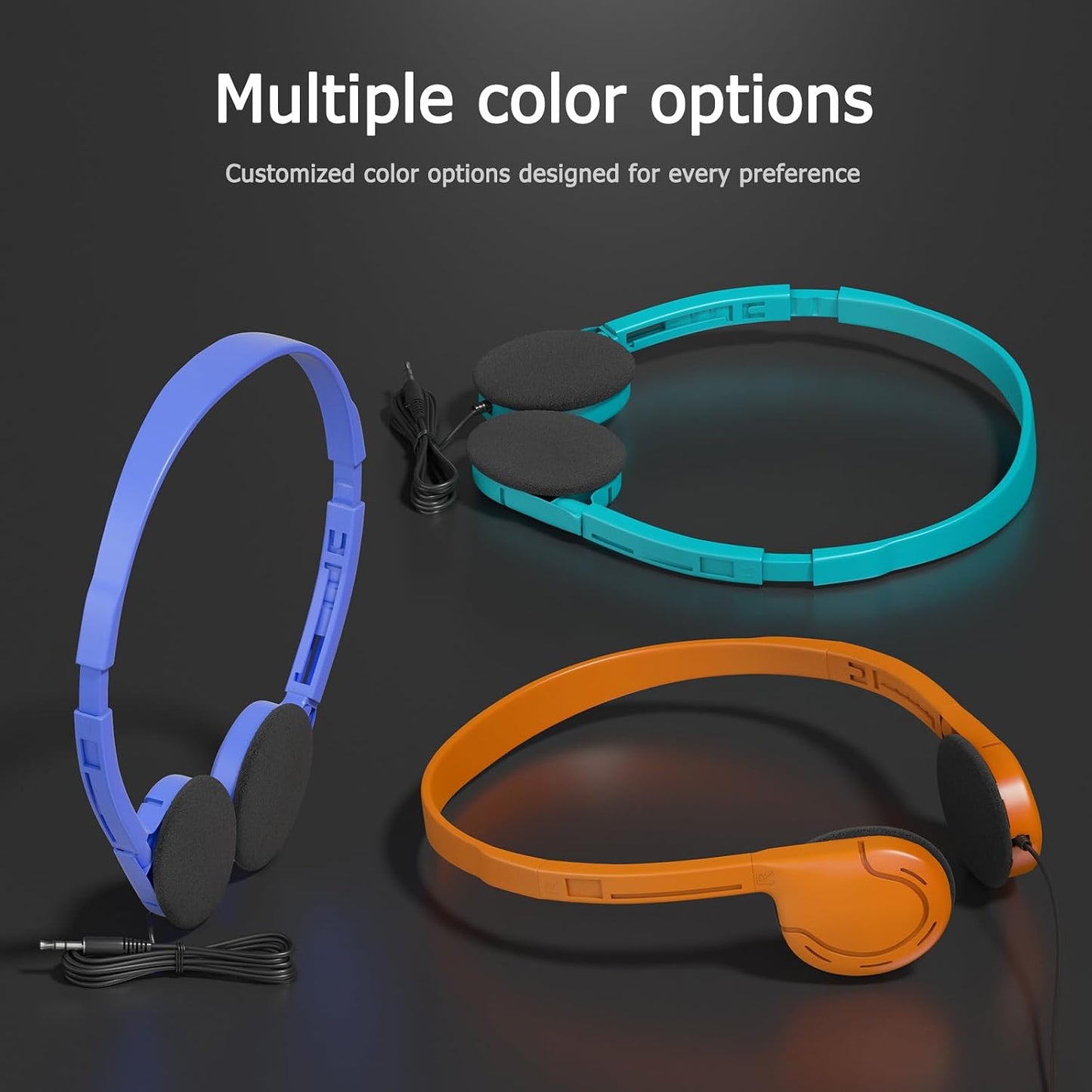 3 Pack 3.5mm 4ft 3 Bulk Headphones for School, Classroom, Students - On Ear with Jack, Tangle Free Cable, Colors