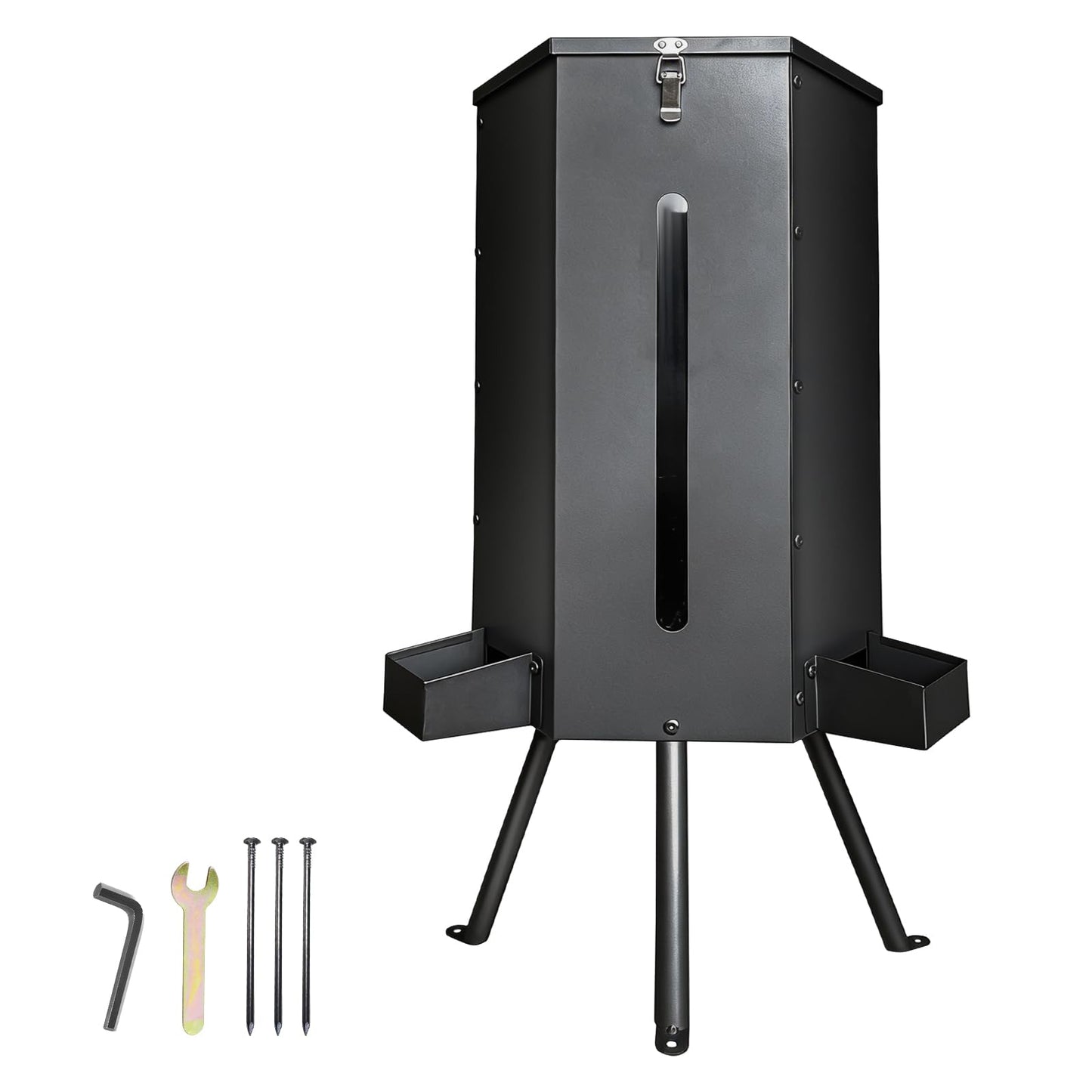LAJIAOZ 80 lbs Galvanized Steel Gravity Deer Feeder - 14 Gallon Weatherproof Wildlife Game Feeder, 3-Leg Tripod Stand with 3 Feeding Trays, Metal Corn Dispenser for Goats, Turkeys, Livestock