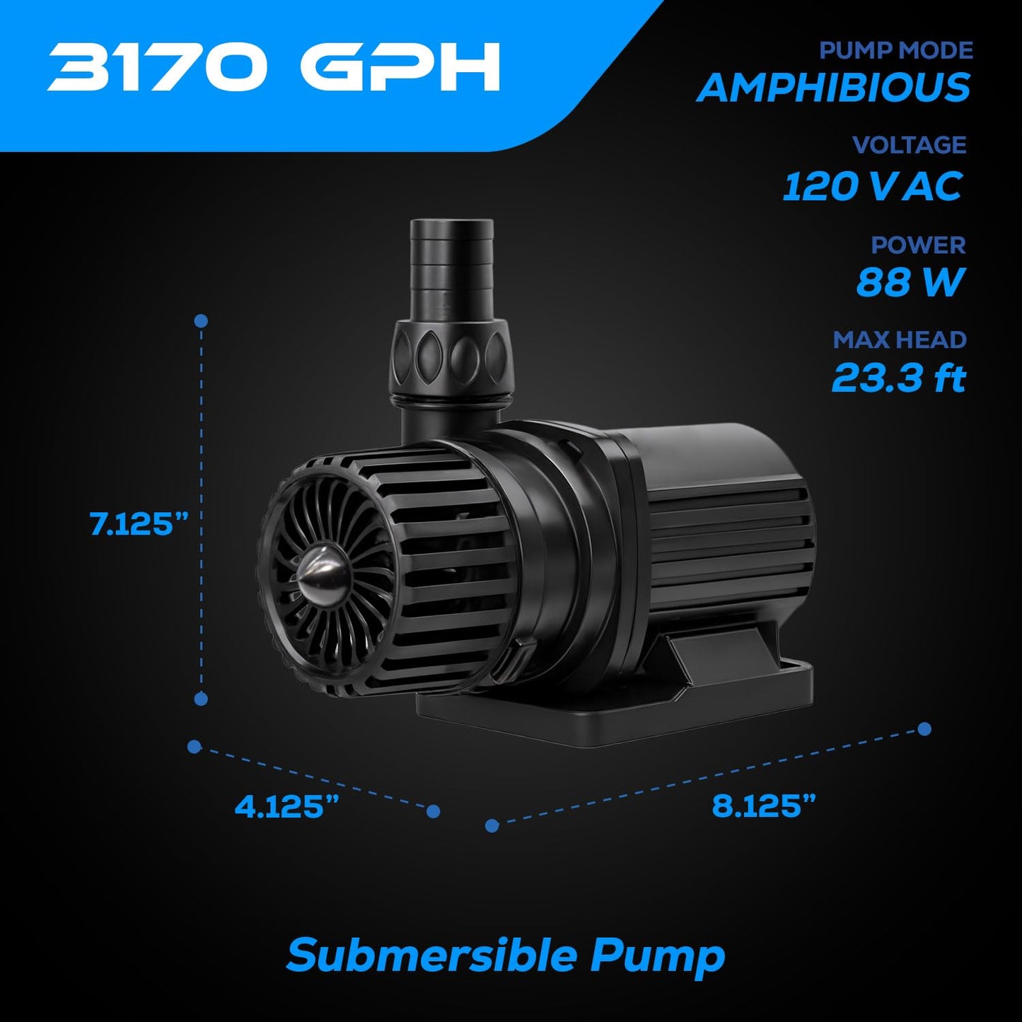 DAI BAO 3170 GPH Intelligent ECO Amphibious Water Pump - Sine Wave Technology with Controller for Hydroponics & Aquariums, 88W
