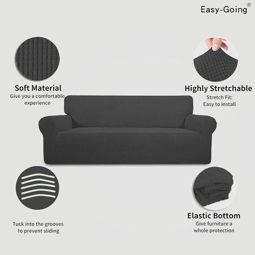 Easy-Going Stretch Sofa Slipcover - Soft Elastic Bottom Furniture Protector in Dark Gray, Small Checks