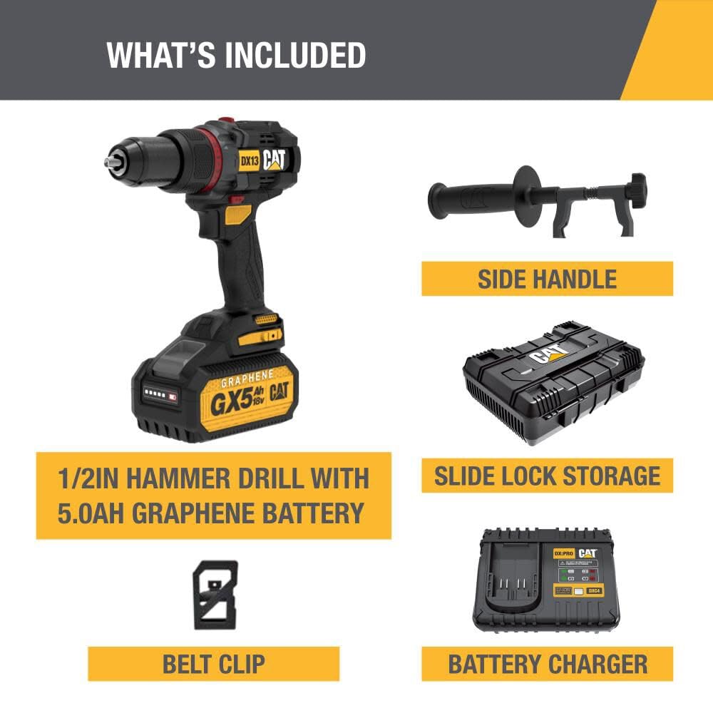 Cat® 18V 1 FOR ALL ½” Cordless Hammer Drill with Brushless Motor and Graphene Battery - DX13