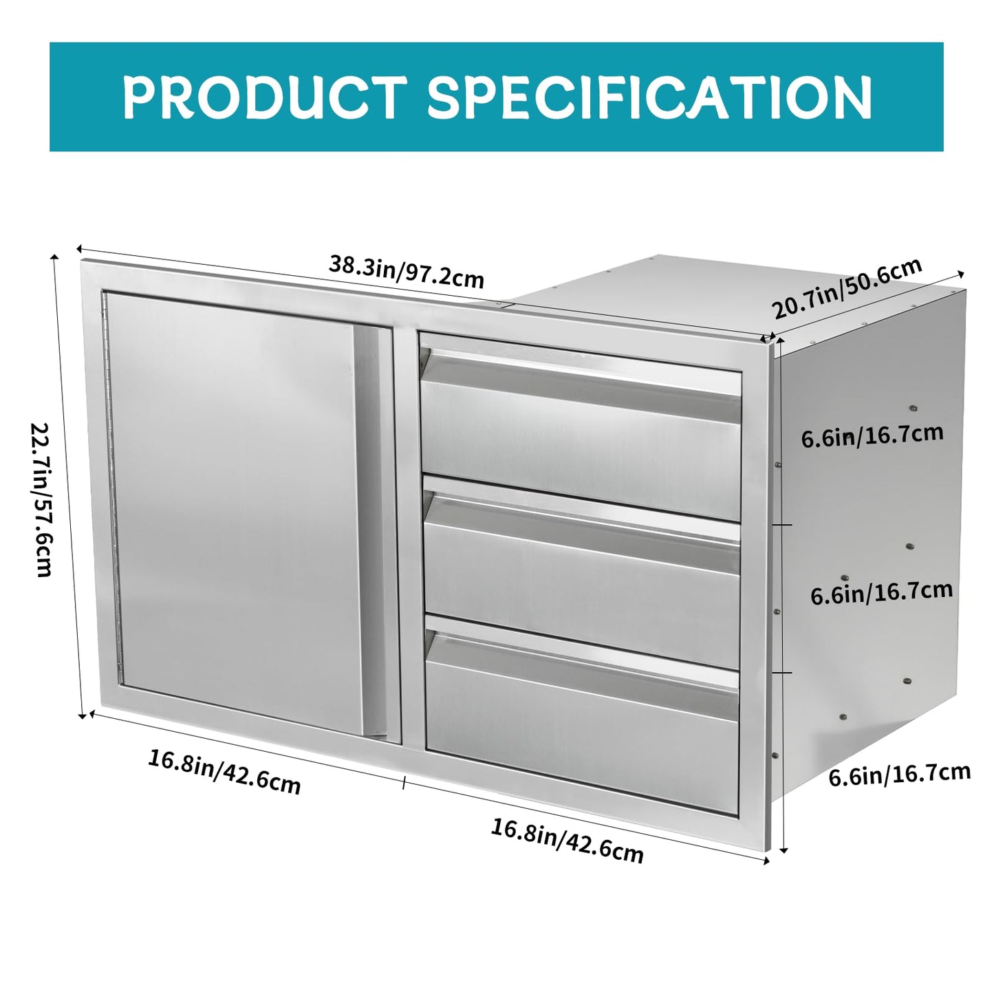 FORJAMINT Outdoor Kitchen Door Drawer Combo Cabinet,38.1W x 22.6H x 20.8D Stainless Steel with Handles,Triple Drawers & BBQ Access Combo for Outdoor Kitchen Island (Drawer and Left Door Combo)